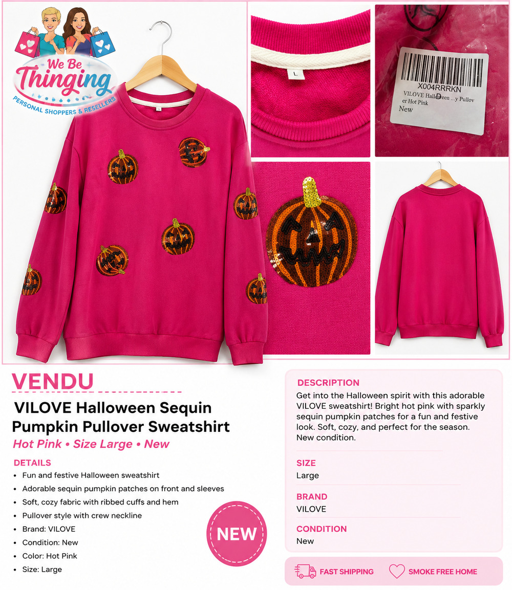 VILOVE Halloween Sequin Pumpkin Sweatshirt Hot Pink Pullover Women's Large NWT